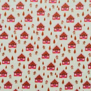 Apparel Fabric |  1yd Beige Gingerbread Town Interlock Knit Fabric