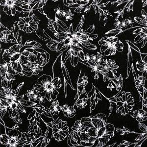 Apparel Fabric |  1yd Black White Outline Floral Crinkle Rayon Fabric