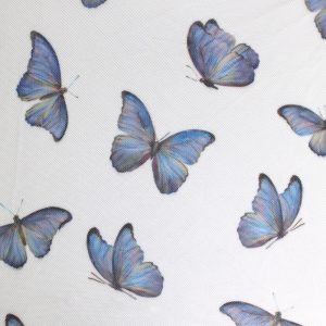 Apparel Fabric |  1yd Blue Butterflies on White Mesh Fabric