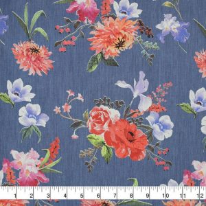 Apparel Fabric |  1yd Blue Mum & Iris Floral Cotton Denim Fabric