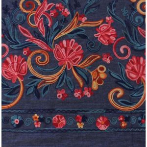 Apparel Fabric |  1yd Dark Wash Multicolor Border Floral Embroidery Cotton Denim Fabric