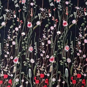 Apparel Fabric |  1yd Embellished Fabric Black Floral Butterfly