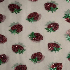 Apparel Fabric |  1yd Glitterbug Sequined Strawberry On Pink Mesh Fabric