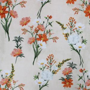 Apparel Fabric |  1yd Ivory & Orange Wildflower Stems Double Brushed Jersey Knit Fabric