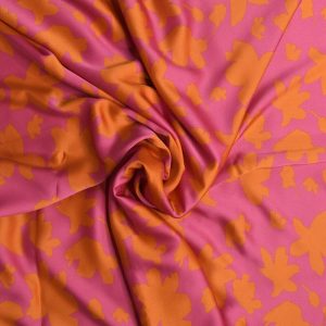 Apparel Fabric |  1yd Pink & Orange Floral Lightweight Shiny Charmeuse Fabric