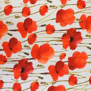 Apparel Fabric |  1yd Red Floral Poppy Stems Silky Fabric