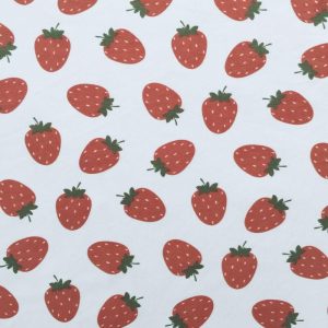 Apparel Fabric |  1yd Strawberries on White Interlock Knit Fabric