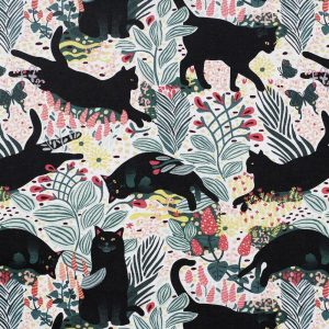 Cotton Fabric |  1yd Black Cats On Floral Cotton Fabric