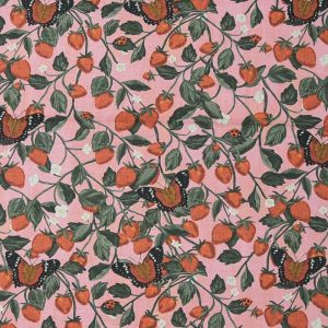 Cotton Fabric |  1yd Brent Carlson Strawberry And Butterfly On Pink Quilt Cotton Fabric