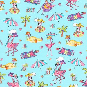 Cotton Fabric |  1yd Cotton Fabric Flamingos On The Beach