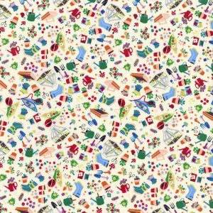 Cotton Fabric |  1yd Gardening Tools on White Cotton Fabric