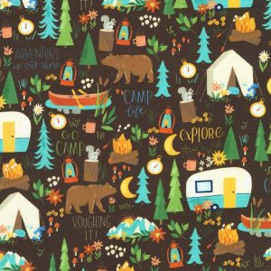 Cotton Fabric |  1yd Go Camp on Brown Cotton Fabric