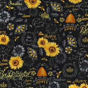 Cotton Fabric |  1yd Queen Bee And Sunflowers Black Premium Print Cotton Fabric