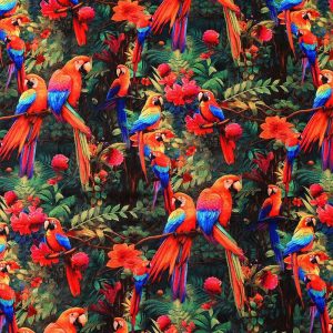 Cotton Fabric |  1yd Tropical Parrots on Black Cotton Fabric