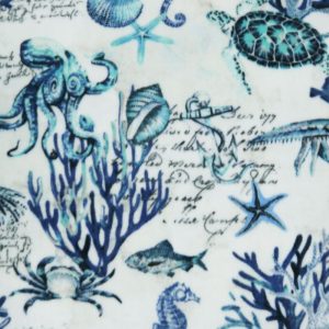 Fleece Fabric |  1yd Blue Sea Animals on White Anti Pill Fleece Fabric