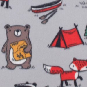 Fleece Fabric |  1yd Camping Animals on Gray Blizzard Fleece Fabric