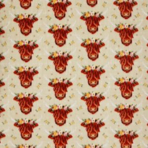 Fleece Fabric |  1yd Floral Highland Cows on Cream Anti Pill Plush Fleece Fabric