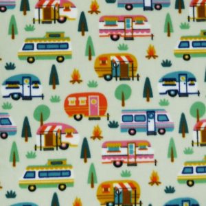 Fleece Fabric |  1yd Multiple Campers on Green Anti Pill Fleece Fabric