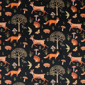 Fleece Fabric |  1yd Soft & Minky Woodland Animals on Black Fleece Fabric