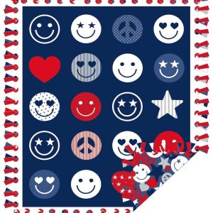 Holiday Fabric |  1yd 72″ Wide Patriotic Smileys on Blue No Sew Fleece Blanket