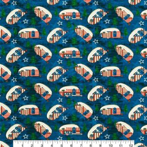 Holiday Fabric |  1yd Americana Campers Metallic Patriotic Cotton Fabric