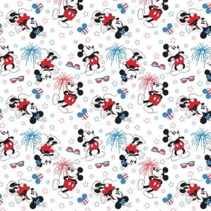 Holiday Fabric |  1yd Disney Mickey Minnie Classic Fireworks on White Cotton Fabric