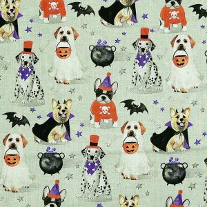 Holiday Fabric |  1yd Dogs In Costume Gray Halloween Cotton Fabric