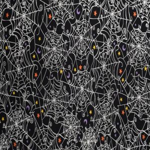 Holiday Fabric |  1yd Halloween Spider Web & Stars On Black Cotton Fabric