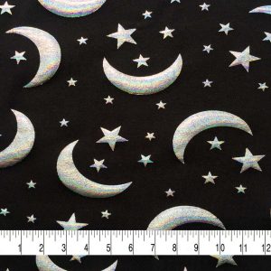 Holiday Fabric |  1yd Holographic Moon & Stars Interlock Knit Fabric