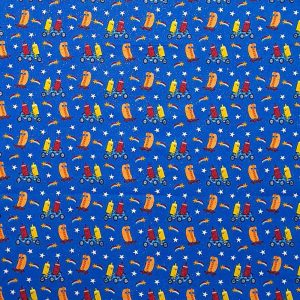 Holiday Fabric |  1yd Hot Dogs With Ketchup & Mustard Patriotic Glitter Cotton Fabric