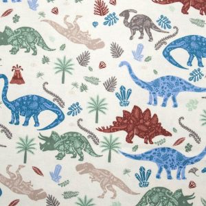 Kids Fabric |  1yd Beige Organic Nursery Flannel Assorted Dinos Fabric