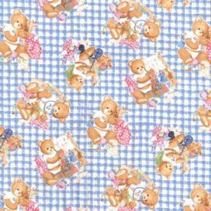 Kids Fabric |  1yd Blue & White Gingham Baby Bears Playing Nursery Flannel Fabric