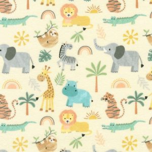 Kids Fabric |  1yd Boho Jungle Safari Animals on Yellow Nursery Flannel Fabric