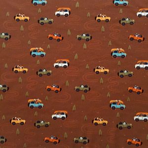 Kids Fabric |  1yd Brown Truck Camping Interlock Knit Fabric