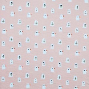 Kids Fabric |  1yd Coffee Ghosts on Pink Halloween Jersey Knit Fabric