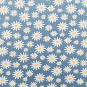 Kids Fabric |  1yd Daisies on Blue Jersey Knit Fabric