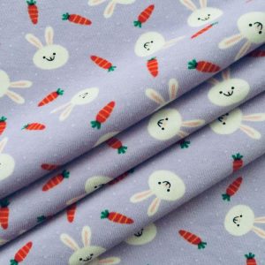 Kids Fabric |  1yd Easter Bunnies on Purple Cotton Interlock Knit Fabric