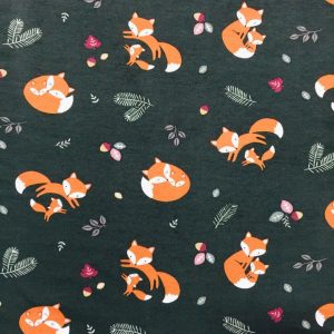 Kids Fabric |  1yd Foxes on Forest Green Interlock Knit Fabric