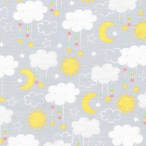 Kids Fabric |  1yd Gray To The Moon Sun & Moon Nursery Cotton Fabric