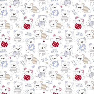 Kids Fabric |  1yd I Love You Beary Much on White Nursery Flannel Fabric