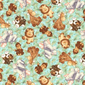 Kids Fabric |  1yd Jungle Babies on Green Palm Leaves Nursery Cotton Fabric