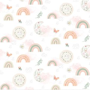 Kids Fabric |  1yd Moon Beam Garden on White Nursery Flannel Fabric