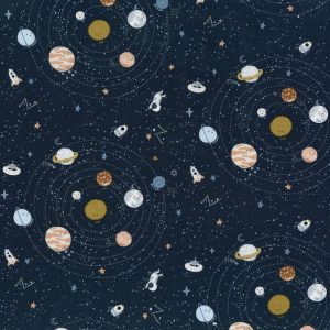 Kids Fabric |  1yd Moon & Space Icons on Blue Cotton Nursery Fabric