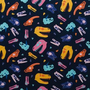 Kids Fabric |  1yd Navy Dinosaur Heads Interlock Knit Fabric