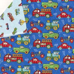 Kids Fabric |  1yd Reversible Quilted Transportation Icons on Blue Nursery Cotton Fabric