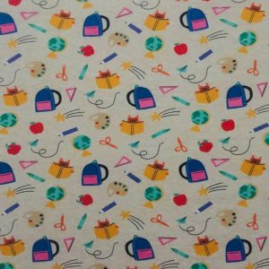 Kids Fabric |  1yd School Icons on White Interlock Knit Fabric