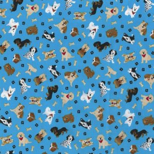 Kids Fabric |  1yd Tossed Pups on Teal Cotton Fabric