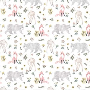 Kids Fabric |  1yd Watercolor Woodland on White Nursery Flannel Fabric