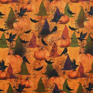 Sustainable Fabrics |  1yd Witches Hats And Pumpkins Halloween Cotton Fabric