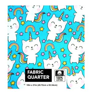 Precuts |  1yd 18″ x 21″ Cat Unicorn on Blue Cotton Fabric Quarter 1pc